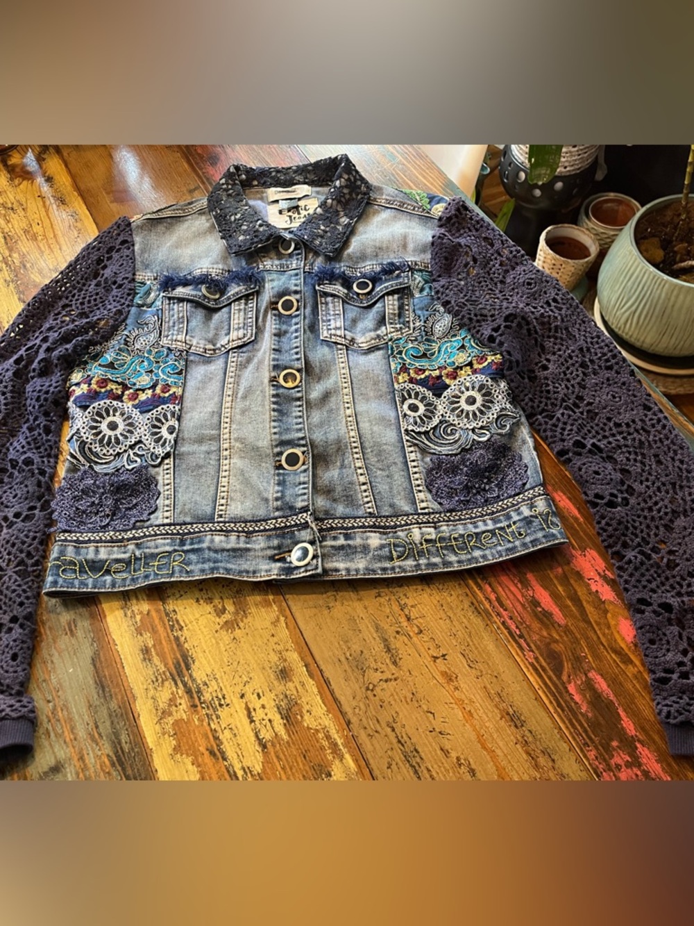 Desigual Jeans Jacket with Embroideries and Crochet